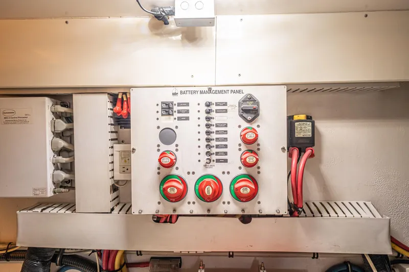 Manana Yacht Photos Pics Battery management panel in 2007 Egg Harbor 43 SportYacht, featuring switches and wiring.
