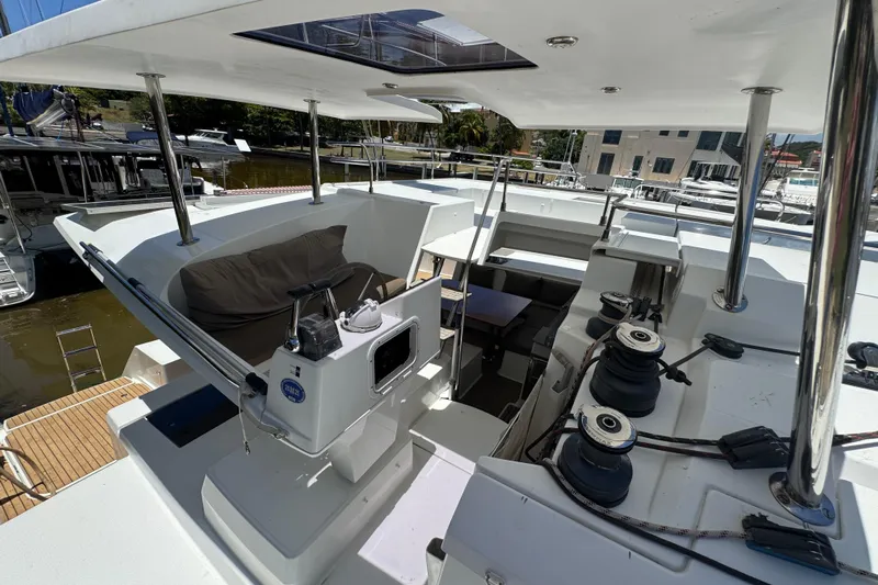 Ten:10 Yacht Photos Pics 2017 Fountaine Pajot SABA 50 yacht deck with seating and winches.