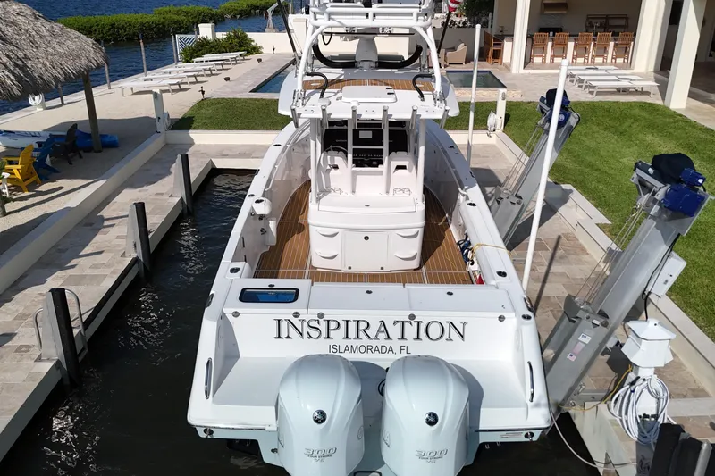  Yacht Photos Pics 2018 Everglades 335 Center Console boat docked, named "Inspiration," in Islamorada, Florida.