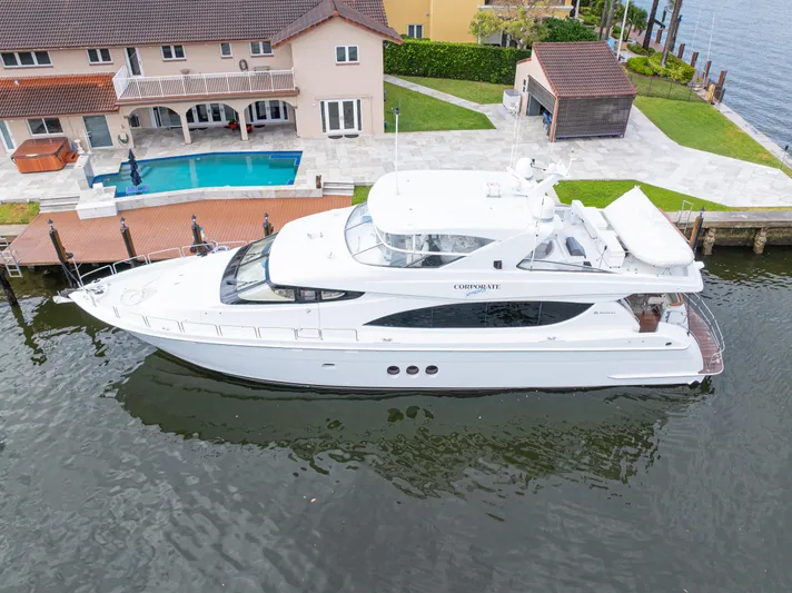 Corporate Approved 2 Yacht Photos Pics 2005 Hatteras 80 Motor Yacht docked near waterfront home with pool.