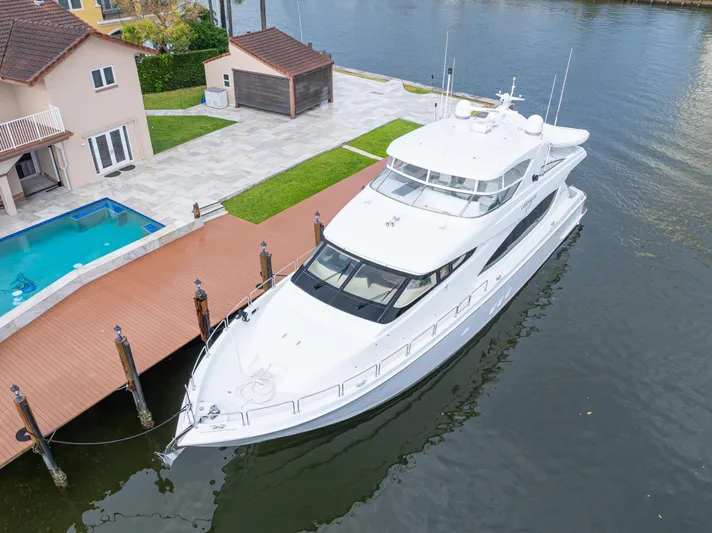 Corporate Approved 2 Yacht Photos Pics 2005 Hatteras 80 Motor Yacht docked by waterfront home with pool.