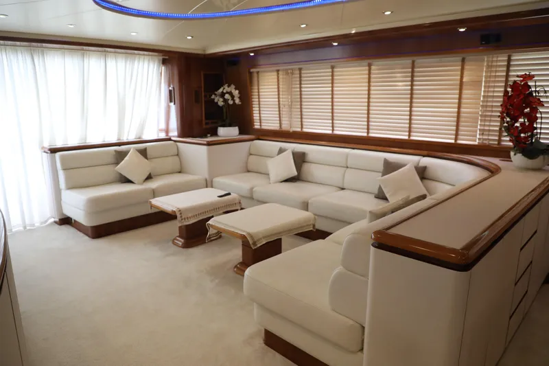  Yacht Photos Pics Luxurious interior of a 2005 Falcon 90 yacht with elegant seating and decor.