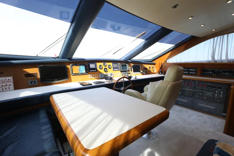  Yacht Photos Pics Luxurious Falcon 90 yacht cockpit, 2005 model, featuring advanced navigation systems and plush seating.