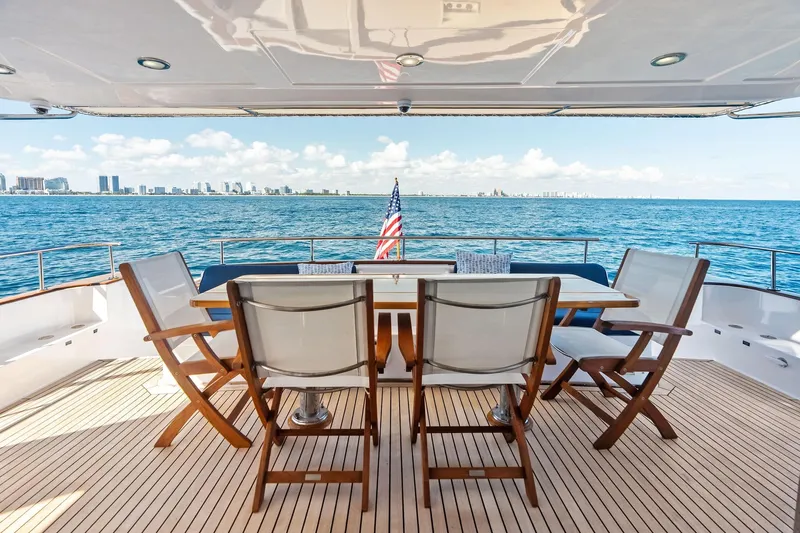 El Legado Yacht Photos Pics Deck view from 2005 Grand Banks 72 Aleutian RP yacht, overlooking ocean and city skyline.