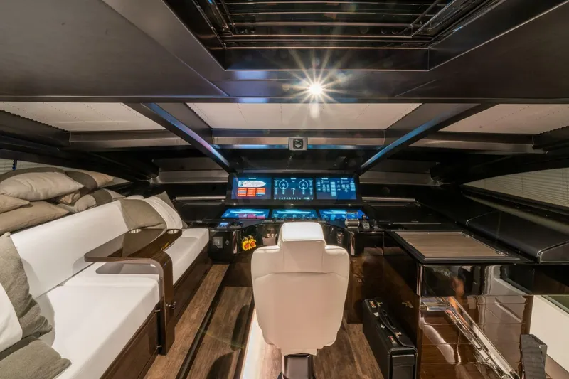  Yacht Photos Pics Luxurious interior of 2020 Pearl 95 yacht with modern cockpit and seating.