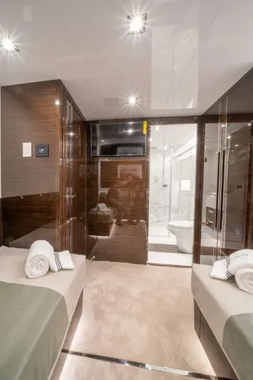  Yacht Photos Pics Luxurious interior of 2020 Pearl 95 yacht with modern design and elegant furnishings.