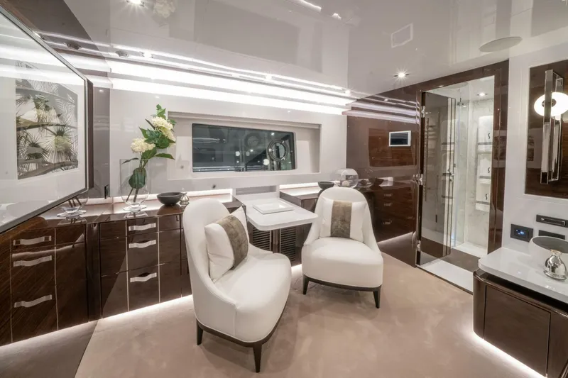  Yacht Photos Pics Luxurious interior of 2020 Pearl 95 yacht with elegant seating and modern decor.