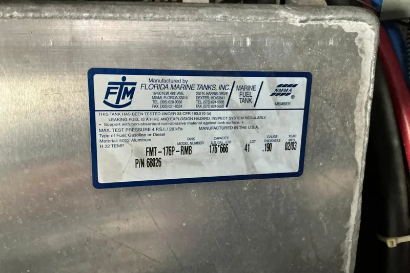 Knee Deep Yacht Photos Pics Label on Florida Marine Tanks fuel tank for 2003 Regal Commodore 4260 boat.
