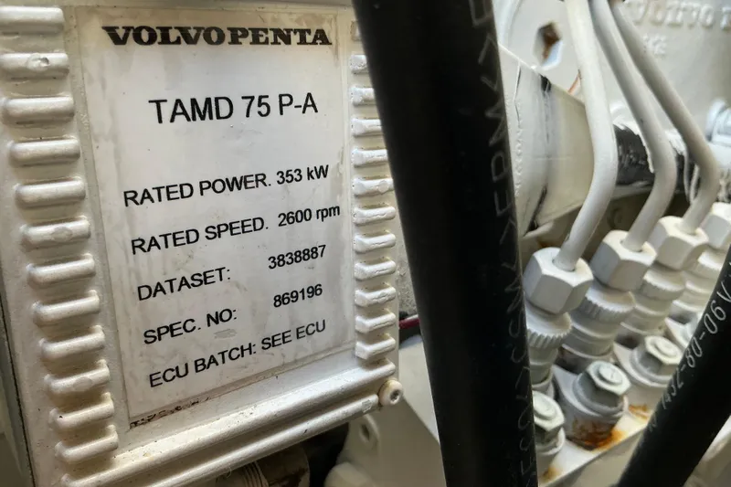 Knee Deep Yacht Photos Pics Volvo Penta TAMD 75 P-A engine label on 2003 Regal Commodore 4260 yacht.