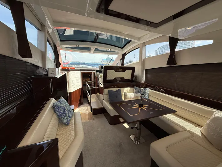 Keep Paddlin Yacht Photos Pics Luxurious interior of 2019 Galeon 430 HTC yacht with elegant seating and modern design.