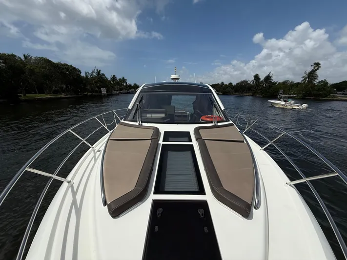 Keep Paddlin Yacht Photos Pics 2019 Galeon 430 HTC yacht on a scenic waterway under a blue sky.