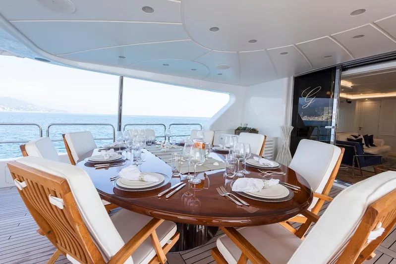 Giorgia I Yacht Photos Pics Luxurious dining area on 2009 Benetti Classic 120 yacht with ocean view.