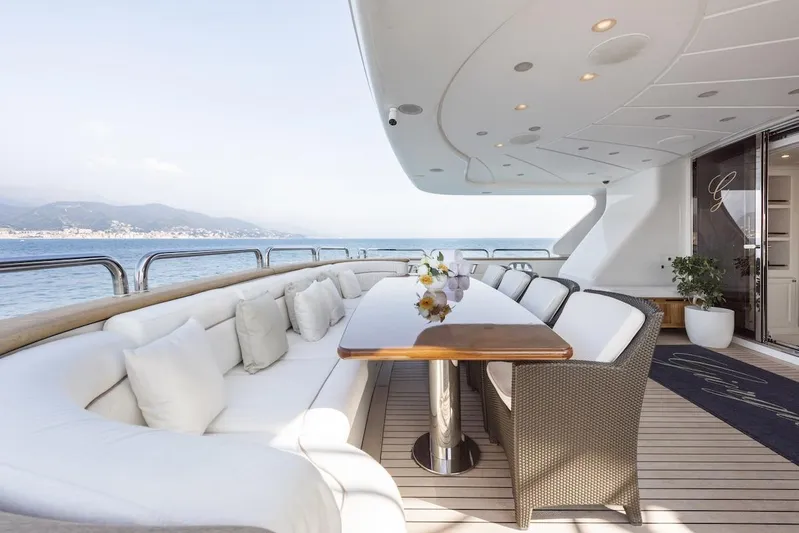 Giorgia I Yacht Photos Pics Luxurious Benetti Classic 120 yacht deck with elegant seating and ocean view, 2009 model.