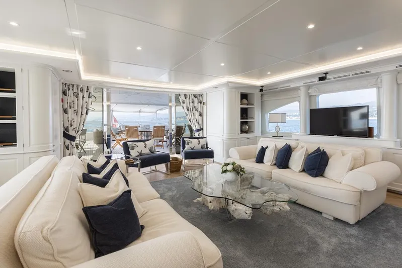 Giorgia I Yacht Photos Pics Luxurious interior of 2009 Benetti Classic 120 yacht with elegant seating and ocean view.