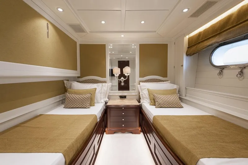 Giorgia I Yacht Photos Pics Luxurious twin bedroom on 2009 Benetti Classic 120 yacht, featuring elegant decor and ambient lighting.
