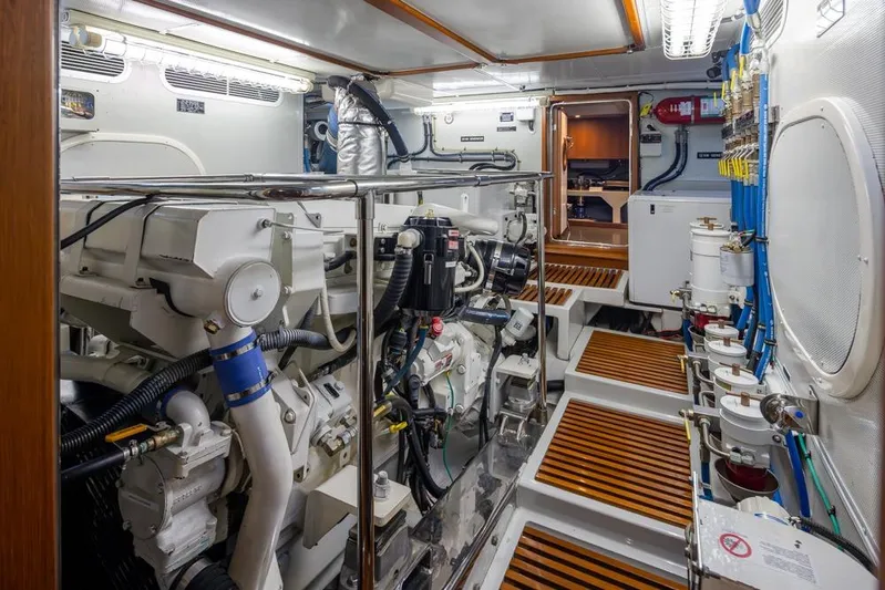 Raindancer Yacht Photos Pics Engine room of 2009 Selene 60 Ocean Trawler, showcasing machinery and equipment.