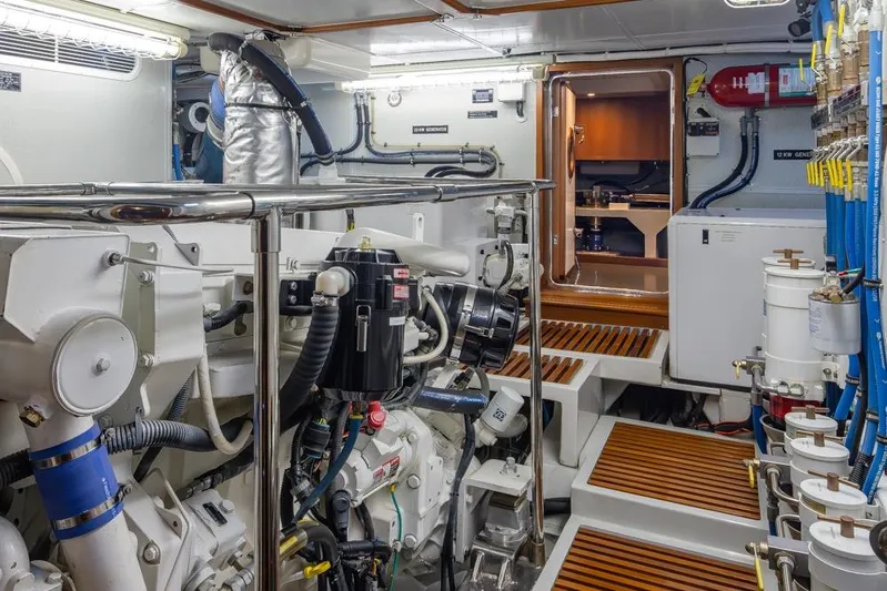 Raindancer Yacht Photos Pics Engine room of 2009 Selene 60 Ocean Trawler, showcasing machinery and equipment.