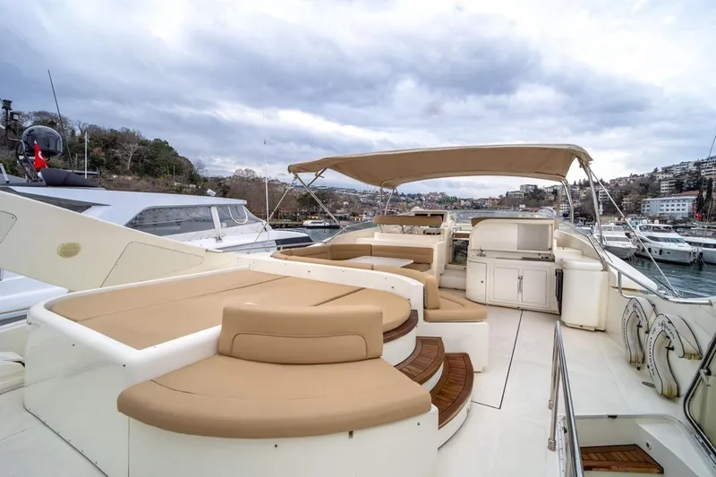  Yacht Photos Pics Luxurious 1999 Ferretti Yachts CUSTOMLINE 94 with spacious deck and seating area.
