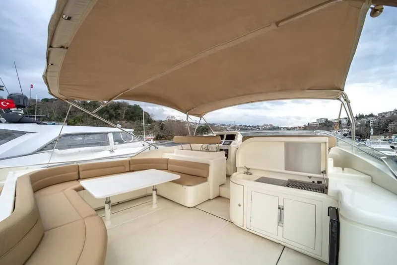  Yacht Photos Pics Flybridge of 1999 Ferretti Yachts CUSTOMLINE 94 with seating and canopy.