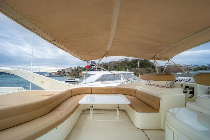  Yacht Photos Pics Luxurious 1999 Ferretti Yachts CUSTOMLINE 94 with spacious outdoor seating and scenic views.