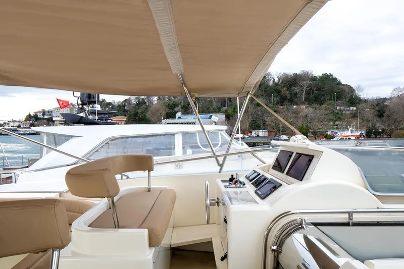  Yacht Photos Pics Flybridge of 1999 Ferretti Yachts CUSTOMLINE 94 with helm station and seating area.