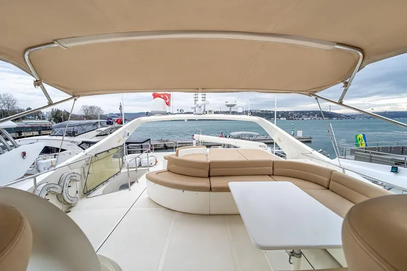  Yacht Photos Pics Luxurious 1999 Ferretti Yachts CUSTOMLINE 94 with spacious deck and seating area.