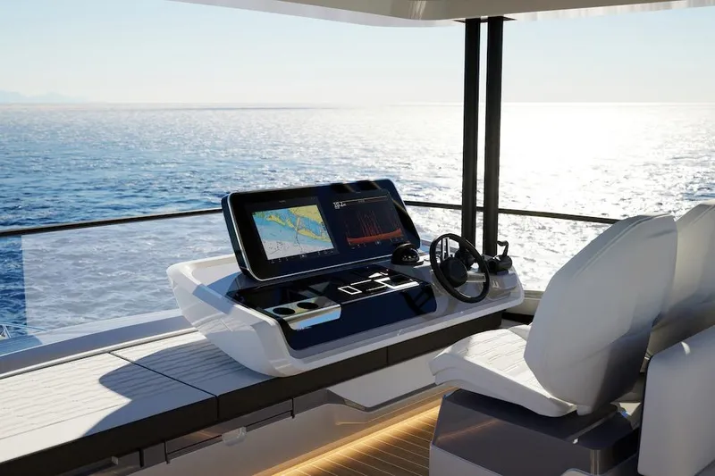  Yacht Photos Pics Modern yacht helm with advanced navigation system, Pearl 73 model, 2027, overlooking the ocean.