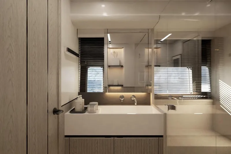  Yacht Photos Pics Modern bathroom interior in Pearl 73, 2027 model, featuring sleek design and natural lighting.