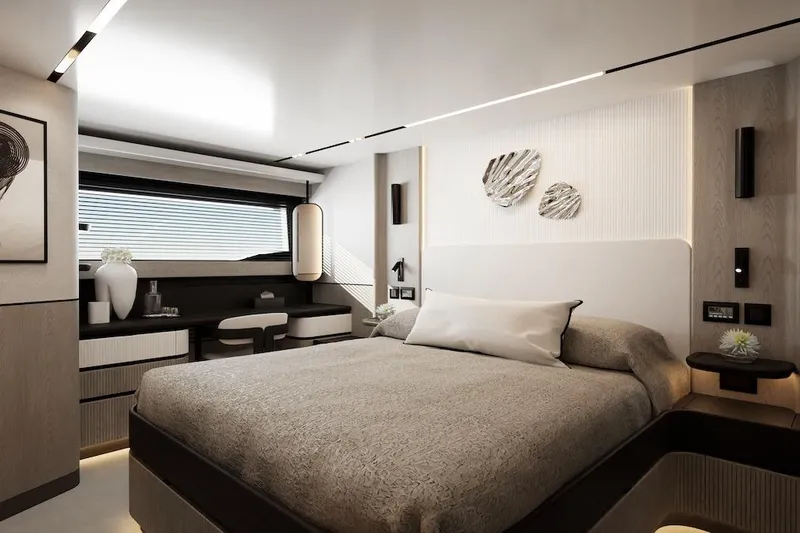  Yacht Photos Pics Luxurious Pearl 73 yacht bedroom interior, 2027 model, featuring modern design and elegant decor.