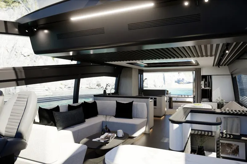  Yacht Photos Pics Luxurious interior of 2027 Pearl 73 yacht with modern design and panoramic windows.