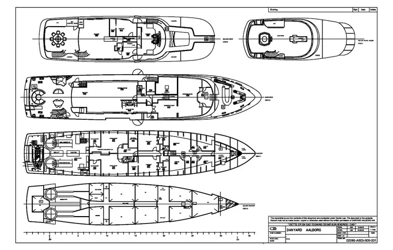 Unforgettable Yacht Photos Pics Blueprint of 2003 Royal Denship Motor Yacht, showcasing detailed deck layouts and design specifications.