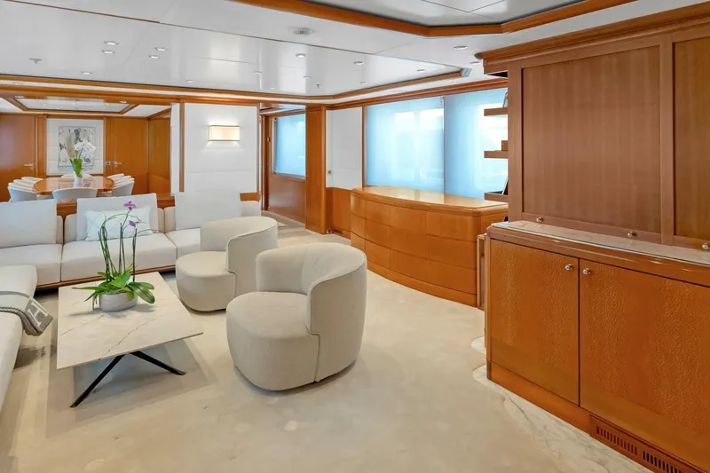 Unforgettable Yacht Photos Pics Luxurious interior of 2003 Royal Denship M.Y. yacht with modern furnishings and elegant decor.