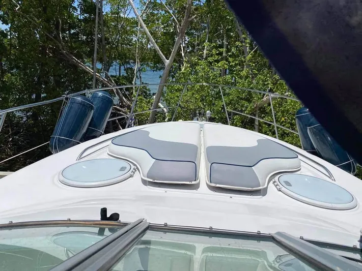  Yacht Photos Pics 2022 Four Winns 238 Vista boat deck with cushions, surrounded by lush greenery.