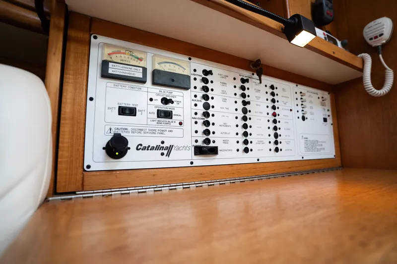 Aries Yacht Photos Pics Electrical control panel in a 2002 Catalina 380 sailboat cabin.