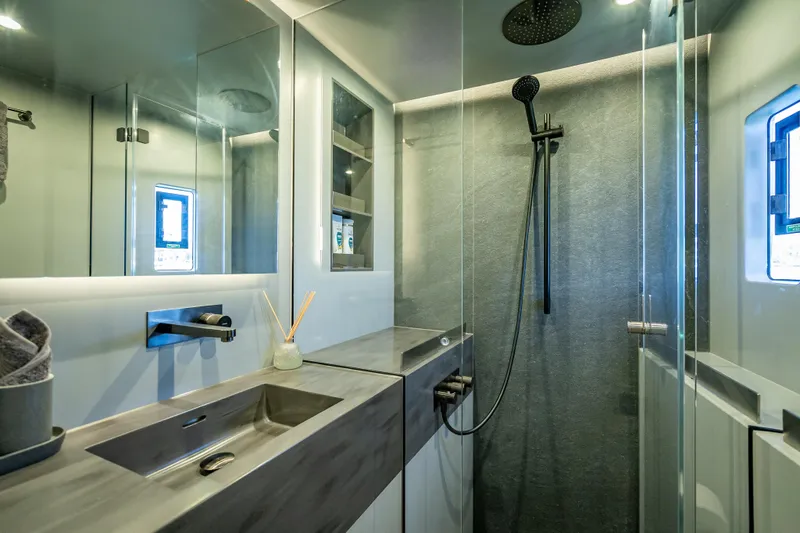 Skip The Wait - Trade Ins Considered Yacht Photos Pics Luxurious bathroom in 2026 Sunreef 60 Power yacht with modern fixtures and sleek design.