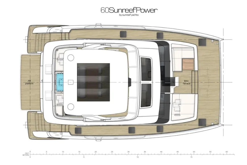 Skip The Wait - Trade Ins Considered Yacht Photos Pics Top view layout of 2026 Sunreef 60 Power yacht, featuring spacious deck and modern design.