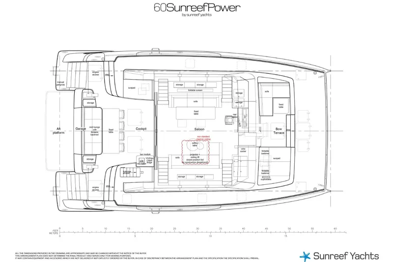Skip The Wait - Trade Ins Considered Yacht Photos Pics Floor plan of 2026 Sunreef 60 Power yacht, featuring cockpit, saloon, and bow terrace.