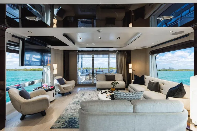 Majestic Moments Yacht Photos Pics Luxurious interior of 2019 Azimut Grande 27 METRI yacht with elegant seating and ocean view.