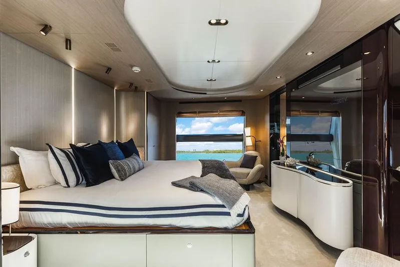 Majestic Moments Yacht Photos Pics Luxurious bedroom interior of 2019 Azimut Grande 27 METRI yacht with ocean view.