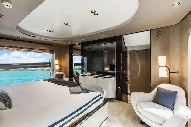 Majestic Moments Yacht Photos Pics Luxurious bedroom interior of 2019 Azimut Grande 27 METRI yacht with ocean view.