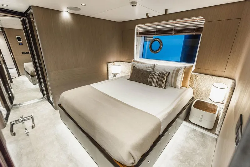 Majestic Moments Yacht Photos Pics Luxurious bedroom interior of 2019 Azimut Grande 27 METRI yacht with modern design.