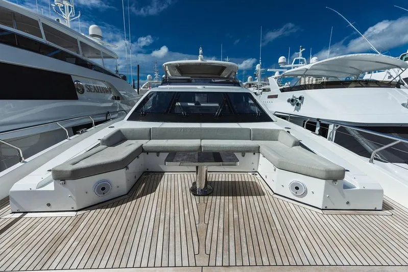 Majestic Moments Yacht Photos Pics Azimut Grande 27 METRI 2019 yacht with spacious deck seating and sleek design.