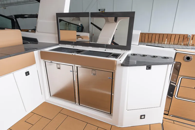  Yacht Photos Pics 2024 Aviara AV40 I/O boat interior with modern kitchen and stainless steel appliances.