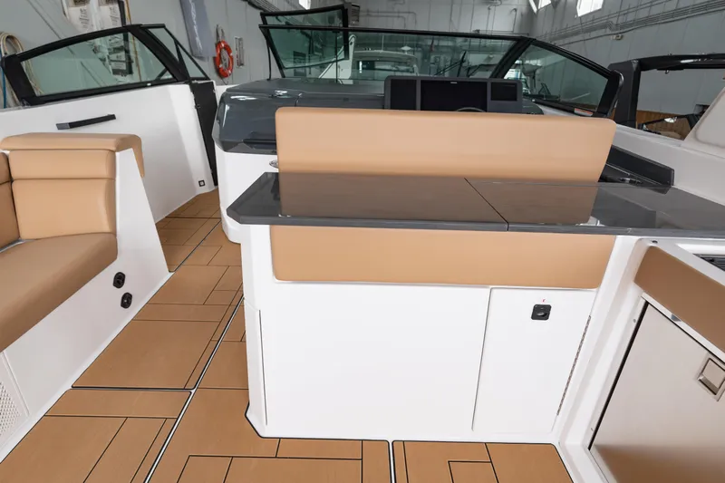  Yacht Photos Pics 2024 Aviara AV40 I/O boat interior with tan seating and sleek design.