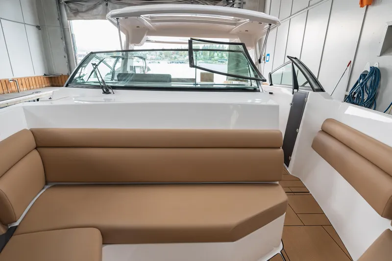  Yacht Photos Pics 2024 Aviara AV40 I/O boat interior with tan seating and sleek design.