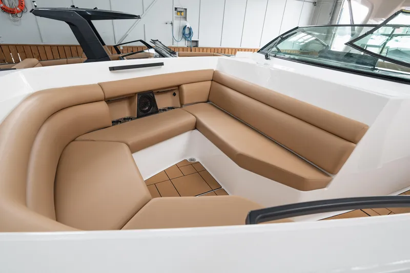  Yacht Photos Pics 2024 Aviara AV40 I/O boat interior with tan leather seating and modern design.