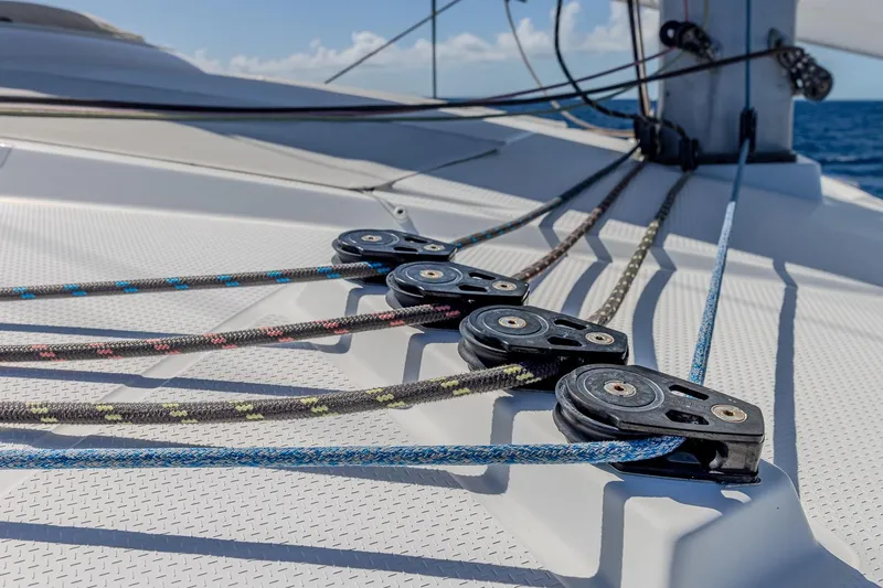 Happy Here Yacht Photos Pics Close-up of rigging on a 2020 Fountaine Pajot Saona 47 catamaran.