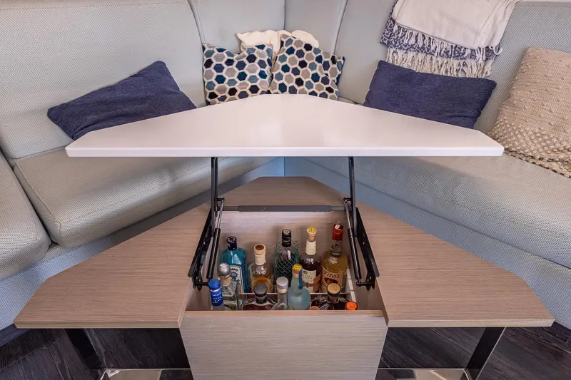 Happy Here Yacht Photos Pics Luxurious Fountaine Pajot Saona 47 yacht interior with hidden bar storage, 2020 model.