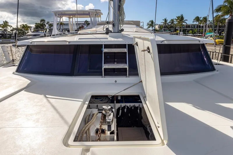 Happy Here Yacht Photos Pics 2020 Fountaine Pajot Saona 47 yacht deck with open hatch and winch.