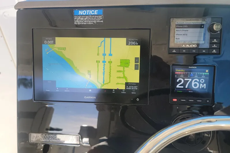  Yacht Photos Pics Dashboard of 2021 Pursuit DC 326 Dual Console with Garmin navigation system.